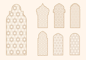 Wall Mural - Islamic window shape with mashrabiya pattern. Arabic door frame. Islamic arhitecture elements of window and door and mashrabiya pattern.