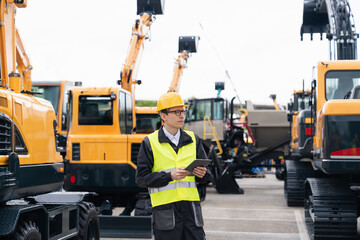 Wall Mural - Engineer in a helmet with a digital tablet stands next to construction excavators.