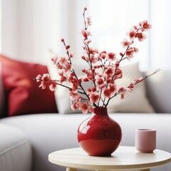 home interior design element close up freshness flower vase on coffee table in living room with background of red bright colour sofa and pillow daylight cosy comfort home interior background