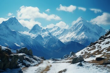 amazing mountain landscape of the high peaks of the himalayas covered in snow