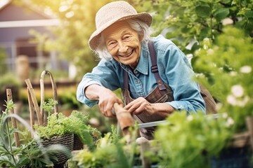 Elderly Woman Gardening, senior woman tending to her garden, gardening as a hobby, active senior in the garden, gardening therapy