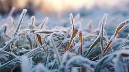 Wall Mural - The leaves of wheat are covered with hoarfrost. Morning frosts on the wheat field. Winter wheat icing.