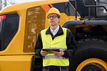 Wall Mural - Worker in a helmet with a digital tablet on the background of construction machine