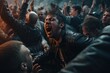 © Fotograf - A vibrant image of a crowd of people with their hands raised in the air. This picture captures the excitement and energy of a large gathering. It can be used to depict celebrations, concerts, festival