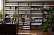 © Fotograf - A picture of a well-organized office space with a desk, bookshelf, and potted plants. This image can be used to depict a professional work environment or as a representation of productivity and organi