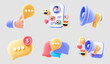 Trendy 3D icon set for social media, illustrations of online communication and digital marketing symbols, like button, speech bubble, notification bell, hashtag, and emoji. 3d Rendering