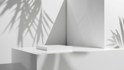 Fototapete - White abstract geometric form with soft light, palm leafs shadows, empty white table for design and advertisement and production placement commercial, empty walls background