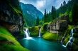 water fall from lush green surface with white shinning water luxarious and lush greenary for  the eyes 