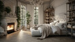 A bedroom with a bed, flowing drapes, a cozy seating area by the fireplace, a custom shelving, and a crystal chandelier