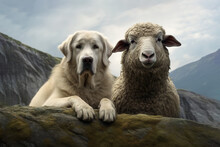 Image Of Sheep And Labrador Dog Showing Friendship. Animals, Generative AI, Illustration.