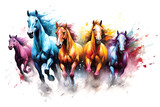 Fototapeta  - Image of herd of colorful horses is running on white background. Wildlife Animals. Generative AI. Illustration.