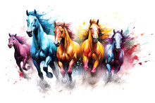 Image Of Herd Of Colorful Horses Is Running On White Background. Wildlife Animals. Generative AI. Illustration.