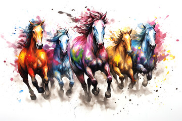 Canvas Print - Image of herd of colorful horses is running on white background. Wildlife Animals. Generative AI. Illustration.