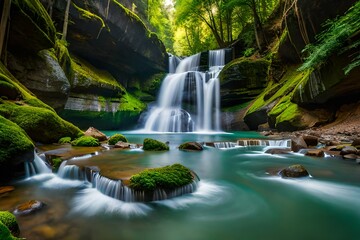 water fall from lush green surface with white shinning water luxarious and lush greenary for  the eyes 