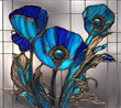 Bright colored blue poppy flowers, abstract painting in stained glass style