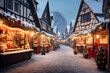 Christmas market at dusk. The market stalls are decorated with lights and festive decorations, creating an inviting atmosphere