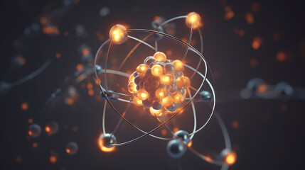subatomic particles within the atom, a fundamental concept in physics, portrayed in a 3d-rendered im