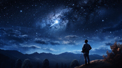 Wall Mural - a man gazes at the night sky through an astronomy telescope, observing stars, planets, the moon, and