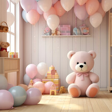 Teddy Bear With Pink Ballon Garland And Gift Boxes In Baby Room. It's A Girl, Baby Shower Background, Nursery Room, Minimalist Party Design Card.