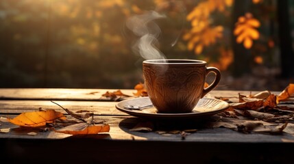 Wall Mural - A cup of tea on a wooden table, with steam wafting among fallen leaves.