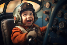 Happy Kid Dressed As An Airplane Pilot In The Cockpit Of An Airplane