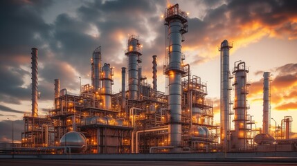 Aufkleber - Petrochemical Plant Illuminated at Dusk.