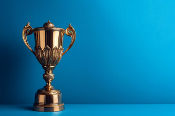 Gold winner cup on blue background. Golden champion cup, trophy for the winner, award, victory, first place of competition, winning and success concept. Copy space. Ai generated