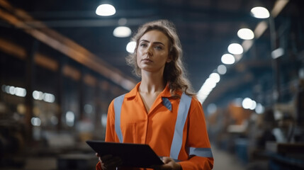 Aufkleber - Engineer female doing inspection and working in a metal manufacture warehouse.