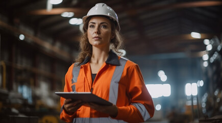 Aufkleber - Engineer female doing inspection and working in a metal manufacture warehouse.