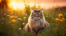 Beautiful Maine Coon Cat In A Meadow At Golden Hour	