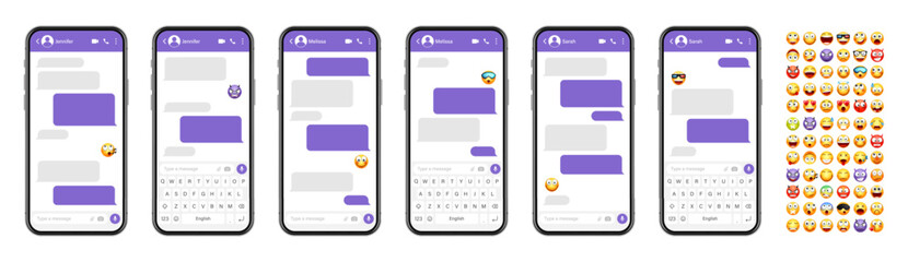 Smartphone messaging app, user interface design with emoji. SMS text frame. Chat screen with violet message bubbles. Texting app for communication. Social media application. Vector illustration