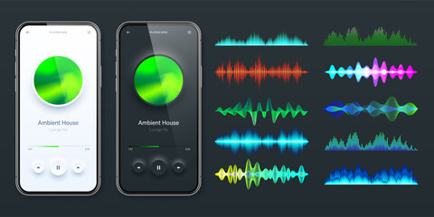 Wall Mural - Online audio player user interface, smartphone app UI design. Music, media streaming and listening platform. Responsive mobile application. Neumorphism. Various sound waves. Vector illustration