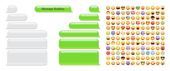 Wall Mural - Blank message bubbles with emoji. Green chat or messenger speech bubble. SMS text frame. Short message sending. Conversation screen. Social media application. Vector illustration