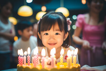 Young Girl's Birthday With A Radiant Image Of Her Smiling And Beaming With Happiness, Birthday Cake, Accompanied By Friends And Family, Joyous Occasion, Blowing Burning Candles