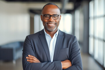 Portrait of a proud smiling confident middle aged African American businessman in office. Elegant, stylish, corporate leader, successful CEO executive manager. Wearing glasses and business suit