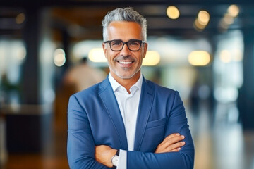 Portrait of a proud smiling confident middle aged hispanic businessman in office. Elegant, stylish, corporate leader, successful CEO executive manager. Wearing glasses and business suit