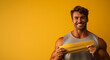 Fitness enthusiast consuming post-workout pasta isolated on a health bar gradient background 