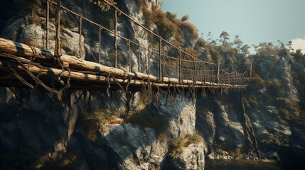 Wall Mural - suspension bridge road between high cliffs, with generative ai