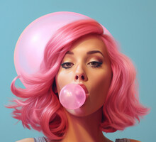 Beautiful Woman With Pink Hair Blowing Bubble Gum On Blue Background