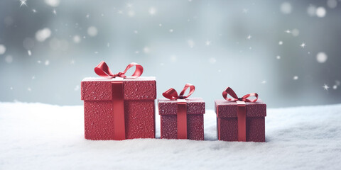 Wall Mural - Three red Christmas gift boxes on snow