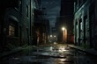 Leinwandbild Motiv Dark downtown back alley at night after raining. Urban back street with atmospheric lighting  and soggy street. Inner city dark alleyway. Urban decay and weathered architecture. Generative AI