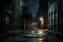 Dark Downtown Back Alley At Night After Raining. Urban Back Street With Atmospheric Lighting  And Soggy Street. Inner City Dark Alleyway. Urban Decay And Weathered Architecture. Generative AI