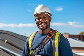 Portrait of an African American Roof construction worker working on a roof, adorned in safety gear and sky in the background