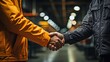 Industrial warehouse employee or engineer shaking hands in safety suite to celebrate accomplishment or sign an agreement logistics.