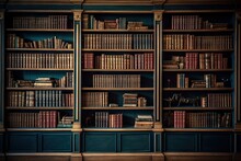 Glimpse Into History. Aged Literature On Antique Wooden Shelves. Library Of Knowledge. Rows Of Vintage Books Await Curious Minds. Art Of Learning. Archive Of Old Book In Scholarly Haven