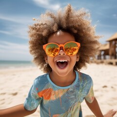 Poster - Portrait of Afro American child having fun on the beach during vacation time