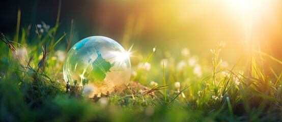 Global guardianship. Glass globe embraces earth fragile ecosystems on grass. Holding world future with care. Planet green promise. Encapsulates life and ecology