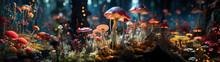 Close-Ups Of The Microscopic Fairy-Tale World Of Plants And Mushrooms. Soft Light Illuminates A Clearing With Unusual Mushrooms. Generative AI