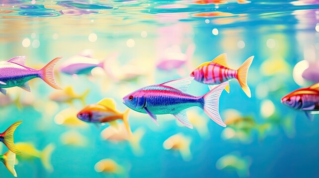 Tropical fish swimming in an aquarium. Plastic toys for children's play in the bathroom. Underwater world with selective focus. Illustration for brochure, poster, presentation, flyer or banner.