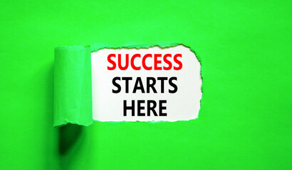 Wall Mural - Success starts here symbol. Concept word Success starts here on beautiful white paper. Beautiful green table green background. Business motivational success starts here concept. Copy space.
